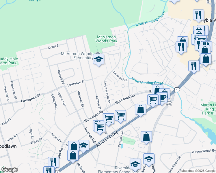 map of restaurants, bars, coffee shops, grocery stores, and more near 3813 Segundo Place in Alexandria