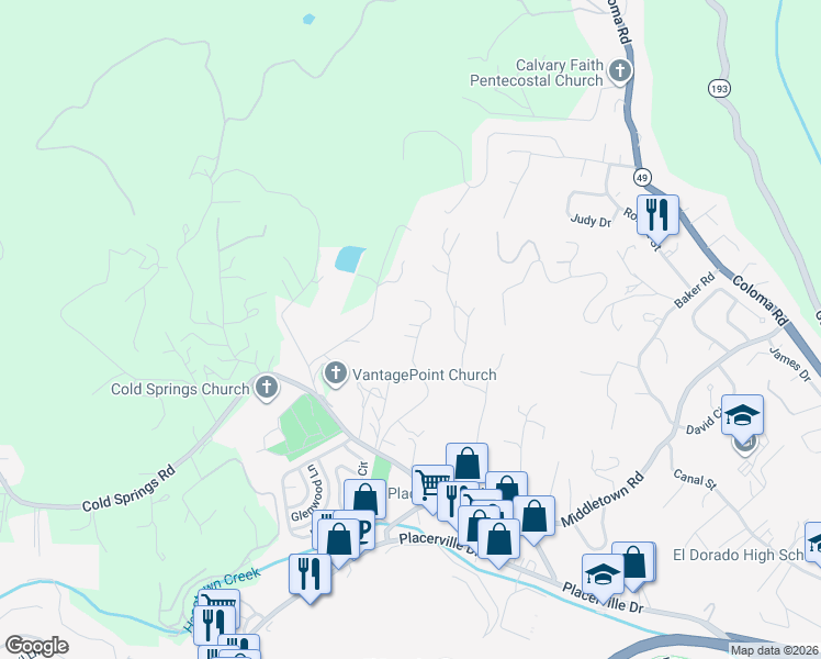 map of restaurants, bars, coffee shops, grocery stores, and more near 2650 Woodridge Court in Placerville