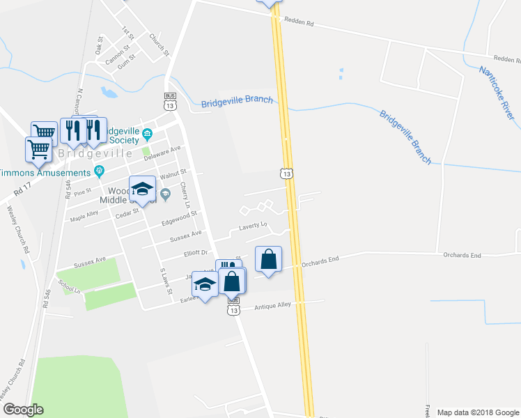 map of restaurants, bars, coffee shops, grocery stores, and more near 100 Elizabeth Cornish Landing in Bridgeville