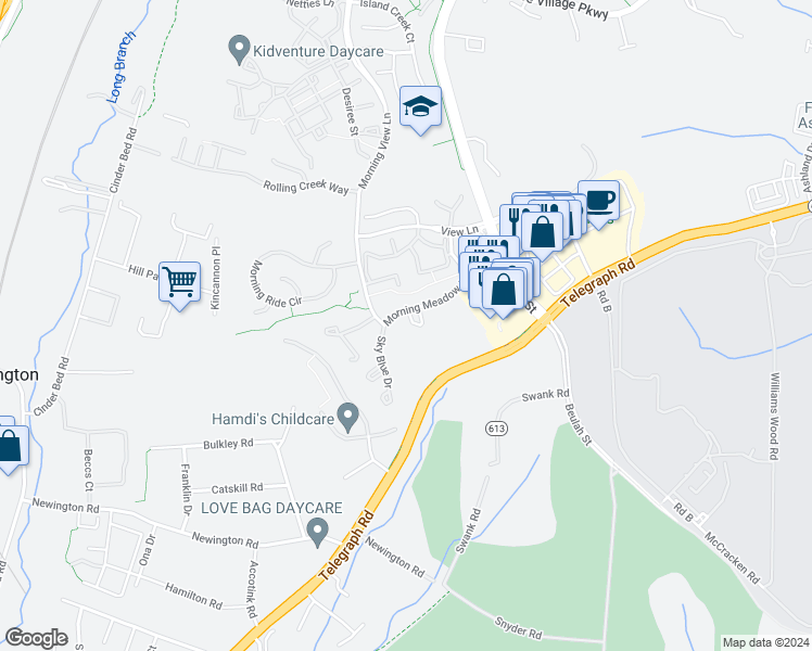 map of restaurants, bars, coffee shops, grocery stores, and more near 8062 Morning Meadow Court in Alexandria