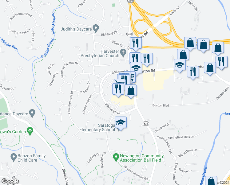 map of restaurants, bars, coffee shops, grocery stores, and more near 8013 Dayspring Court in Springfield