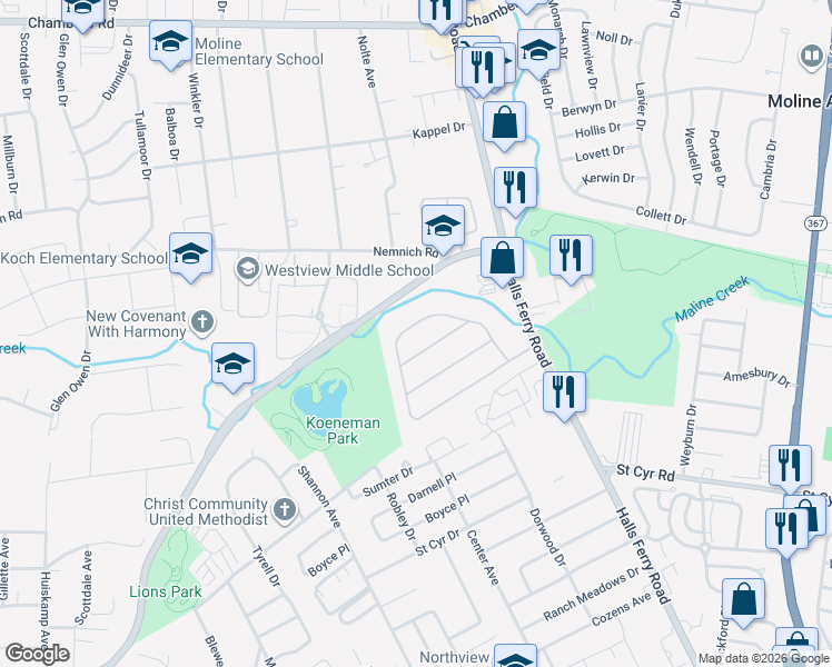 map of restaurants, bars, coffee shops, grocery stores, and more near 2100 Jannette Drive in St. Louis