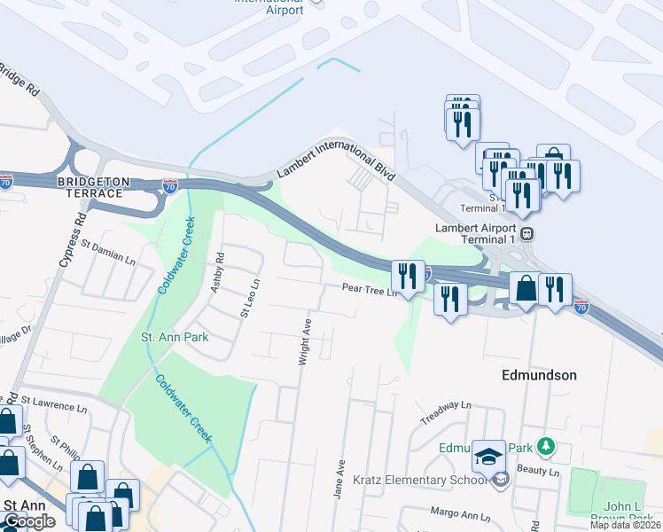 map of restaurants, bars, coffee shops, grocery stores, and more near 4616 Country Lane in Saint Ann