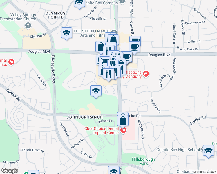 map of restaurants, bars, coffee shops, grocery stores, and more near 8680 County Route E3 in Roseville