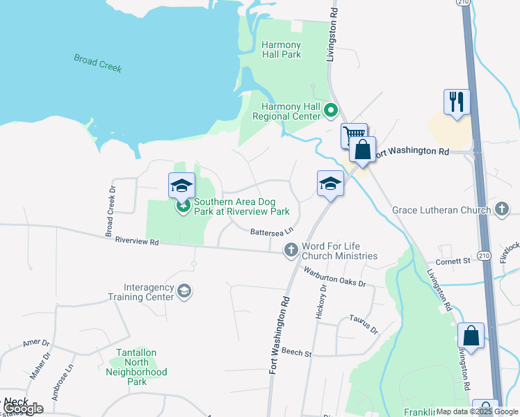 map of restaurants, bars, coffee shops, grocery stores, and more near Blackpowder Lane in Fort Washington
