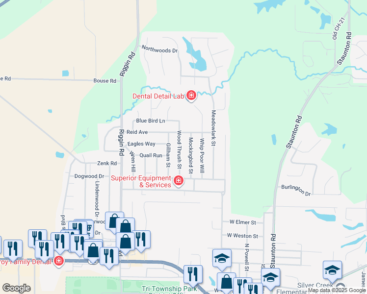 map of restaurants, bars, coffee shops, grocery stores, and more near 533B Wood Thrush Street in Troy
