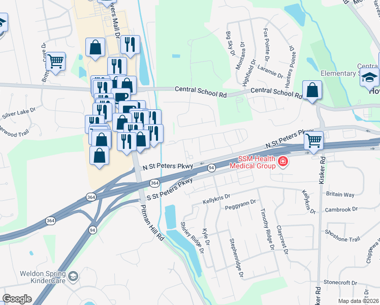 map of restaurants, bars, coffee shops, grocery stores, and more near 100 Grenache Blanc Drive in St. Peters