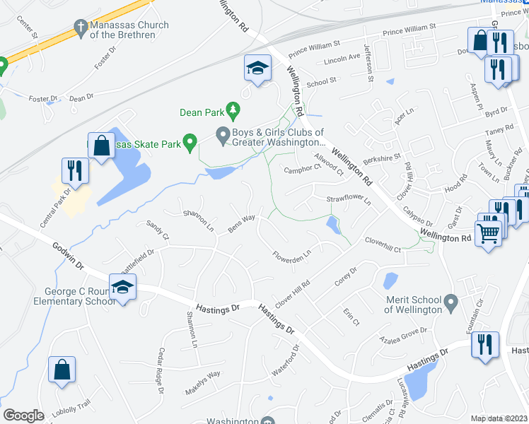 map of restaurants, bars, coffee shops, grocery stores, and more near 10205 Bens Way in Manassas