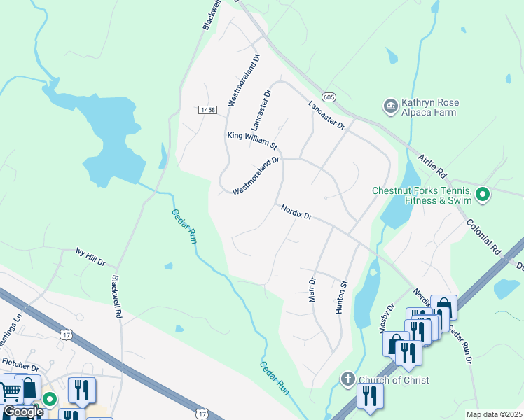 map of restaurants, bars, coffee shops, grocery stores, and more near 7234 King William Street in Warrenton