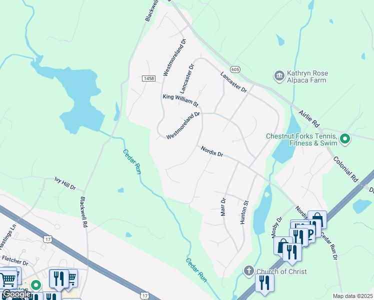 map of restaurants, bars, coffee shops, grocery stores, and more near 7234 King William Street in Warrenton