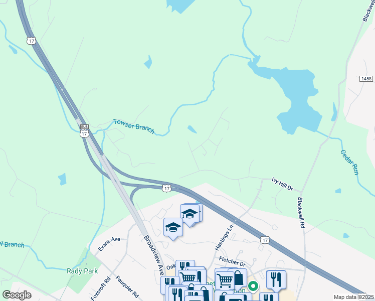 map of restaurants, bars, coffee shops, grocery stores, and more near 7188 Homestead Court in Warrenton