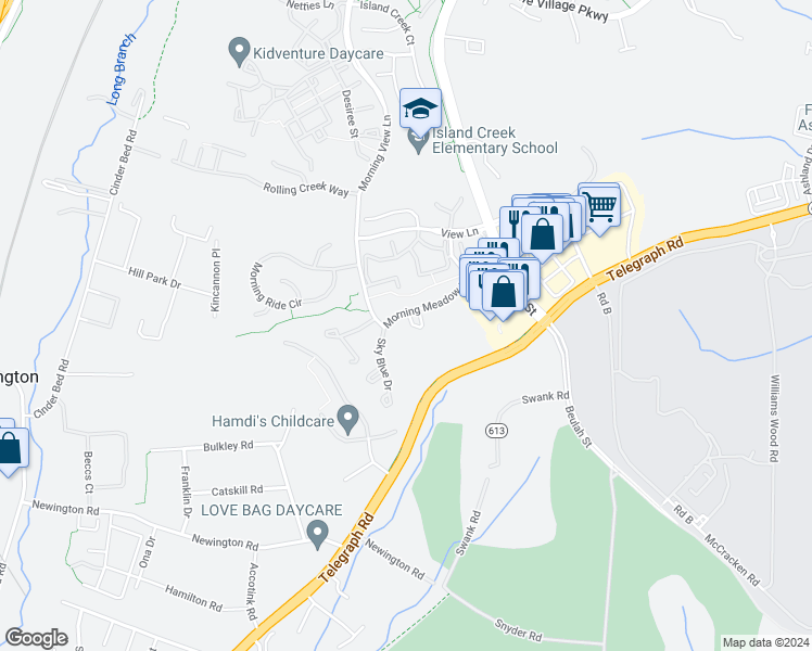 map of restaurants, bars, coffee shops, grocery stores, and more near 8060 Morning Meadow Court in Alexandria