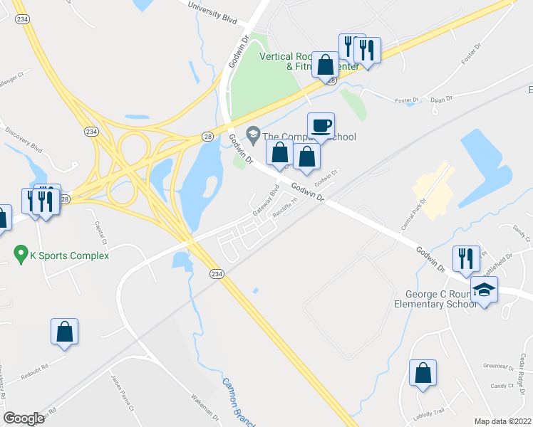 map of restaurants, bars, coffee shops, grocery stores, and more near Ratcliffe Trail in Manassas