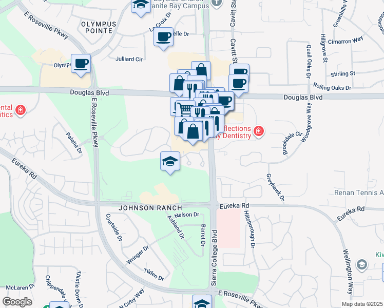 map of restaurants, bars, coffee shops, grocery stores, and more near 8800 Sierra College Boulevard in Roseville