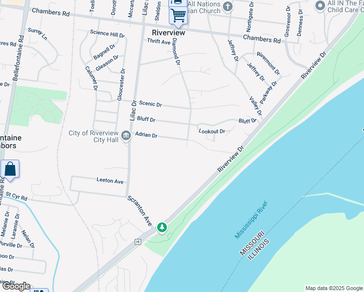 map of restaurants, bars, coffee shops, grocery stores, and more near 9639 Diamond Drive in St. Louis