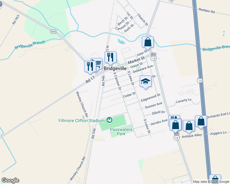 map of restaurants, bars, coffee shops, grocery stores, and more near 407 Walnut Street in Bridgeville