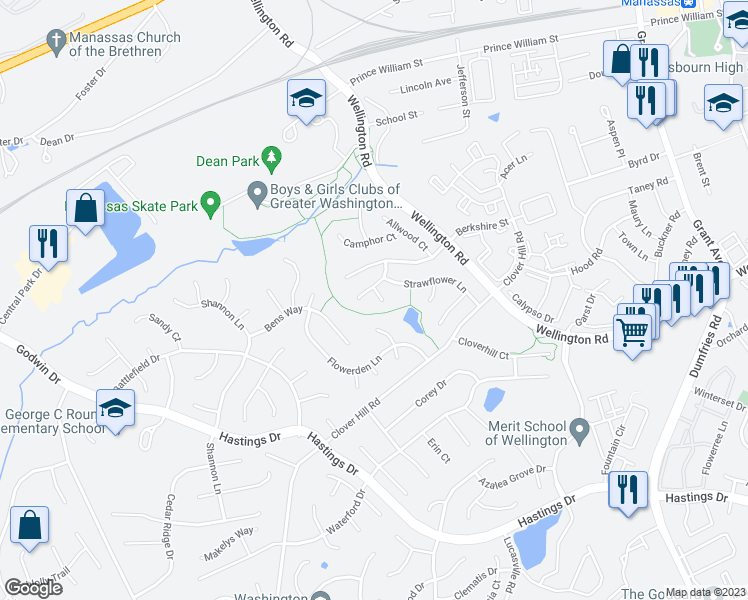 map of restaurants, bars, coffee shops, grocery stores, and more near 10162 Corydalis Court in Manassas