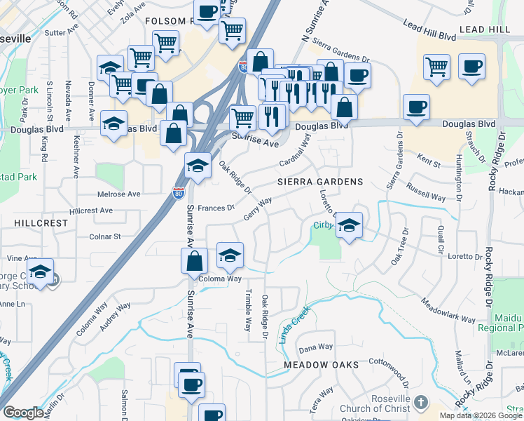 map of restaurants, bars, coffee shops, grocery stores, and more near 502 Oak Ridge Drive in Roseville