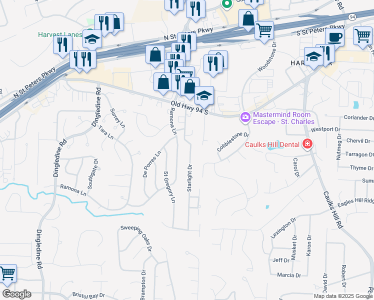 map of restaurants, bars, coffee shops, grocery stores, and more near 886 Starlight Drive in Saint Charles