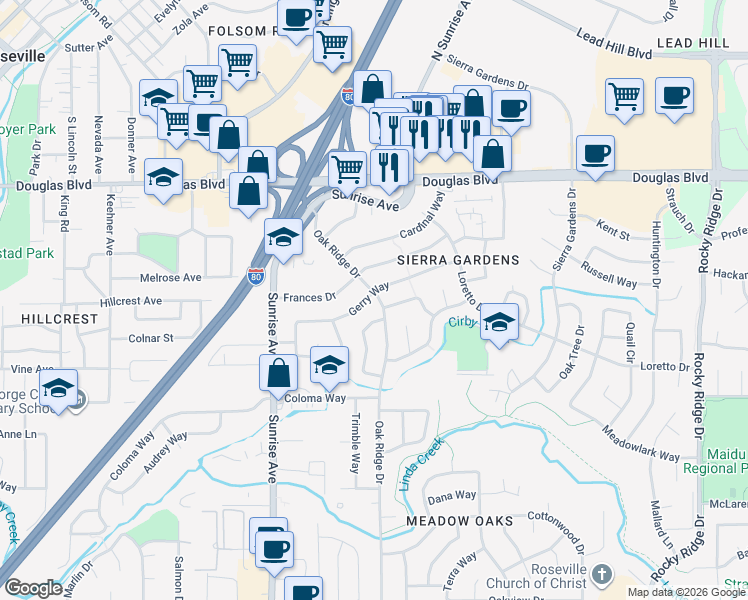 map of restaurants, bars, coffee shops, grocery stores, and more near 502 Oak Ridge Drive in Roseville