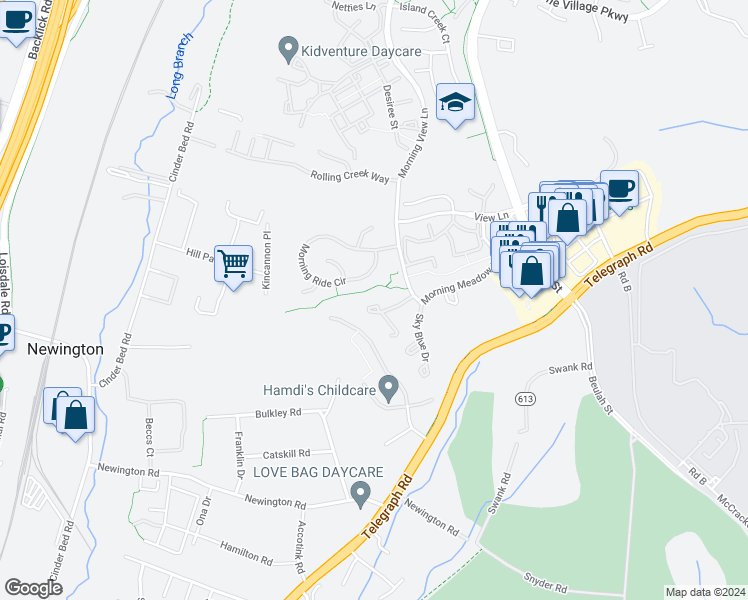 map of restaurants, bars, coffee shops, grocery stores, and more near 6636 High Valley Lane in Alexandria