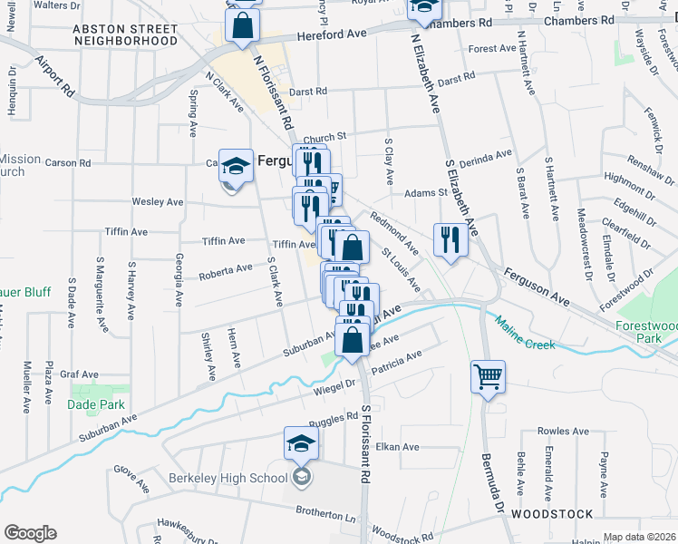 map of restaurants, bars, coffee shops, grocery stores, and more near 244 South Florissant Road in Ferguson