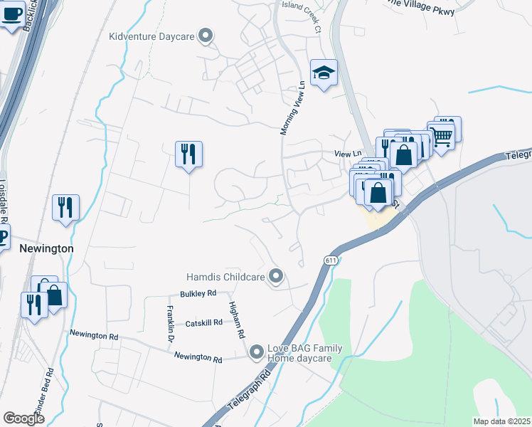 map of restaurants, bars, coffee shops, grocery stores, and more near 6636 High Valley Lane in Alexandria