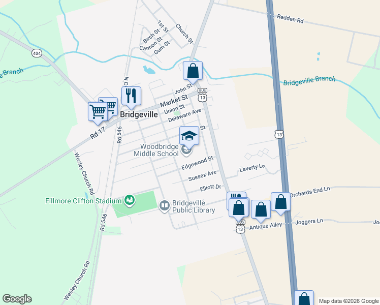 map of restaurants, bars, coffee shops, grocery stores, and more near 307 South Laws Street in Bridgeville