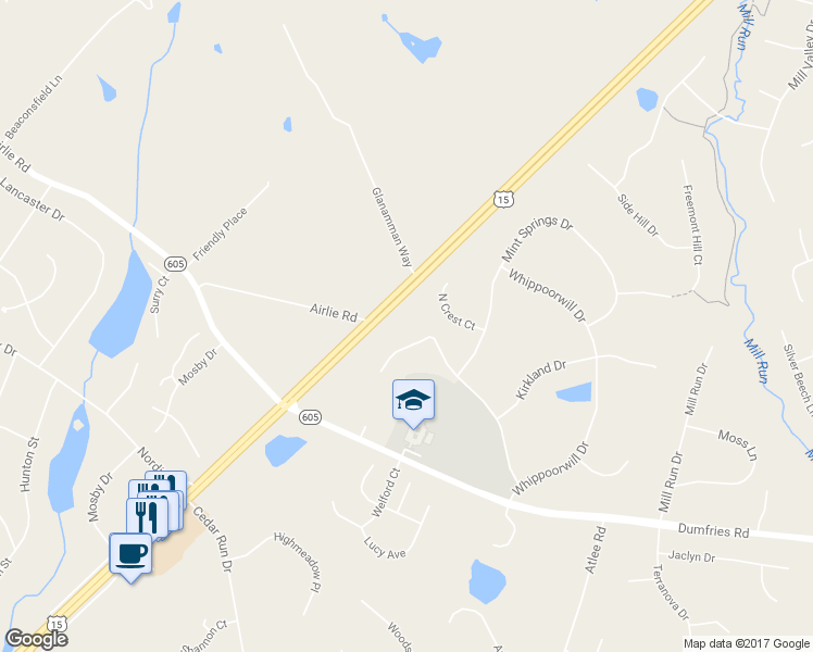 map of restaurants, bars, coffee shops, grocery stores, and more near 6162 West Pointe Lane in Warrenton