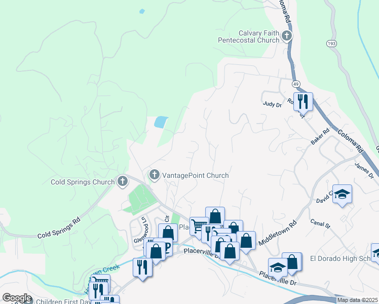 map of restaurants, bars, coffee shops, grocery stores, and more near 2644 Woodridge Court in Placerville