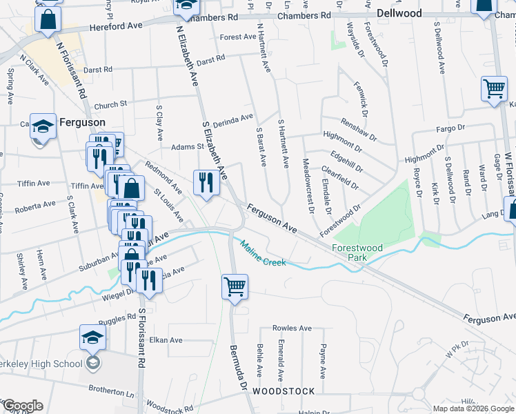 map of restaurants, bars, coffee shops, grocery stores, and more near 269 South Barat Avenue in Ferguson