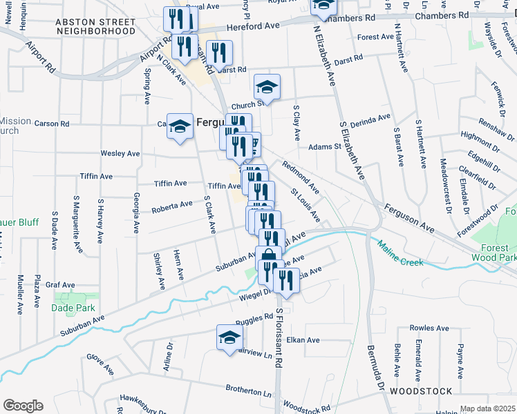 map of restaurants, bars, coffee shops, grocery stores, and more near 244 South Florissant Road in Ferguson