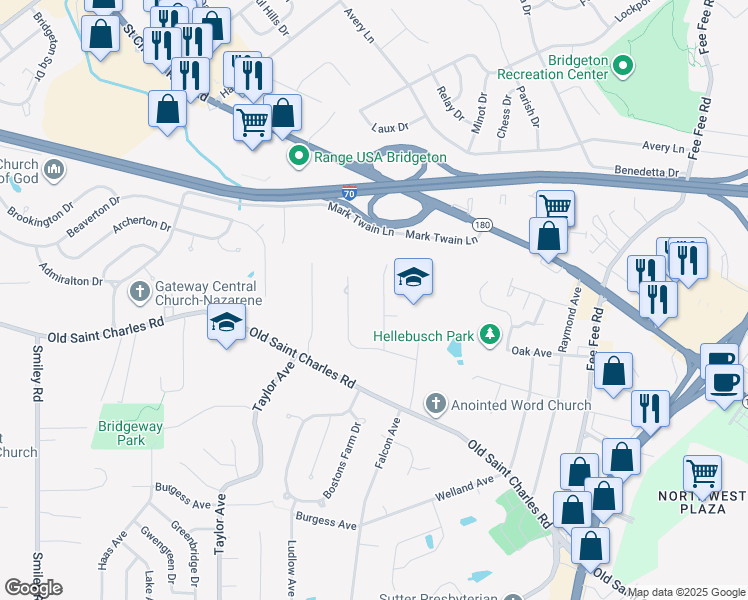 map of restaurants, bars, coffee shops, grocery stores, and more near 3762 Red Hawk Court in Bridgeton