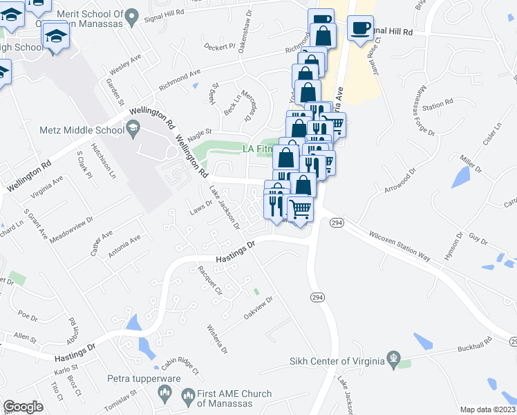 map of restaurants, bars, coffee shops, grocery stores, and more near 9971 Leander Lane in Manassas