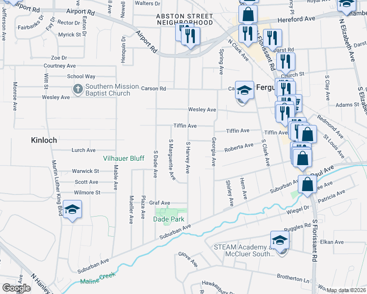 map of restaurants, bars, coffee shops, grocery stores, and more near 229 South Harvey Avenue in Ferguson