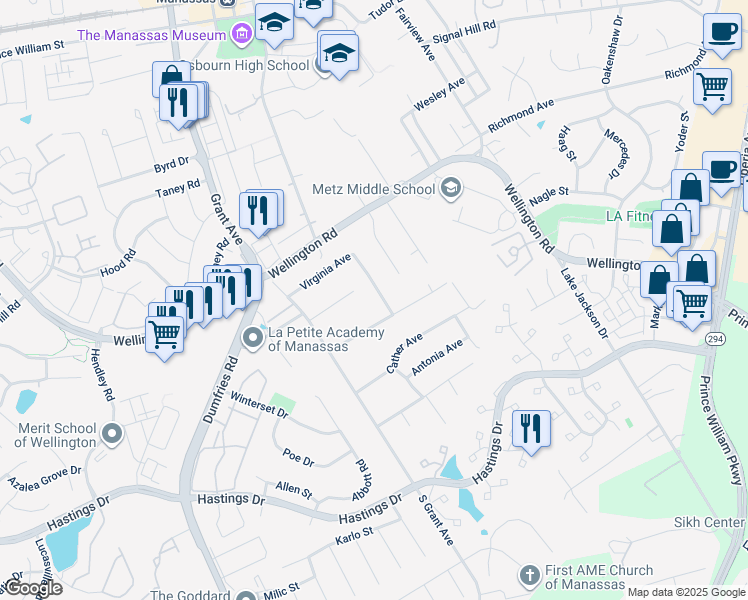 map of restaurants, bars, coffee shops, grocery stores, and more near 8905 Virginia Avenue in Manassas