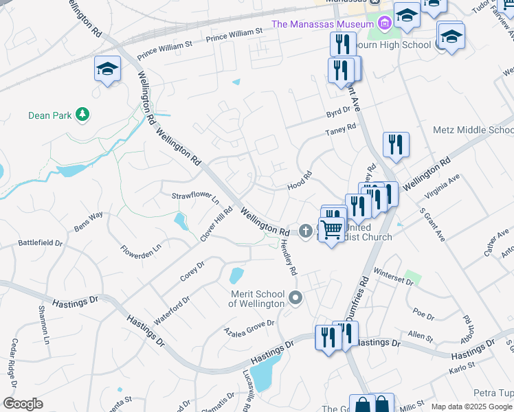 map of restaurants, bars, coffee shops, grocery stores, and more near 10217 Calypso Drive in Manassas