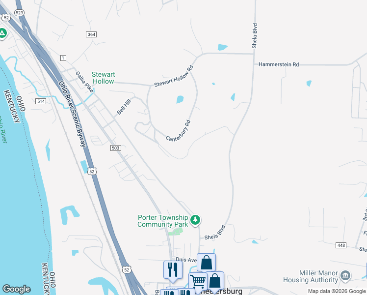 map of restaurants, bars, coffee shops, grocery stores, and more near 7545 Sunhill Drive in Portsmouth