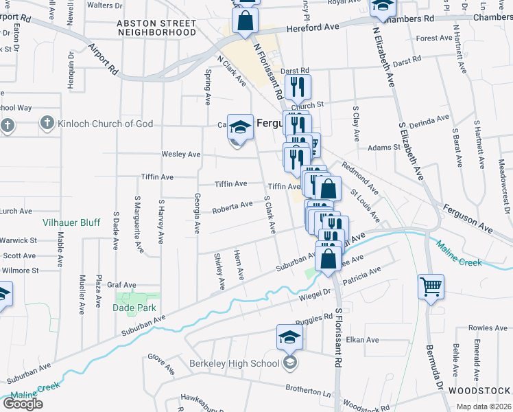 map of restaurants, bars, coffee shops, grocery stores, and more near 225 Roberta Avenue in Ferguson