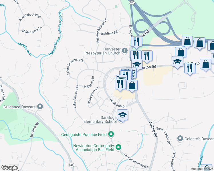 map of restaurants, bars, coffee shops, grocery stores, and more near 8029 Edinburgh Drive in Springfield