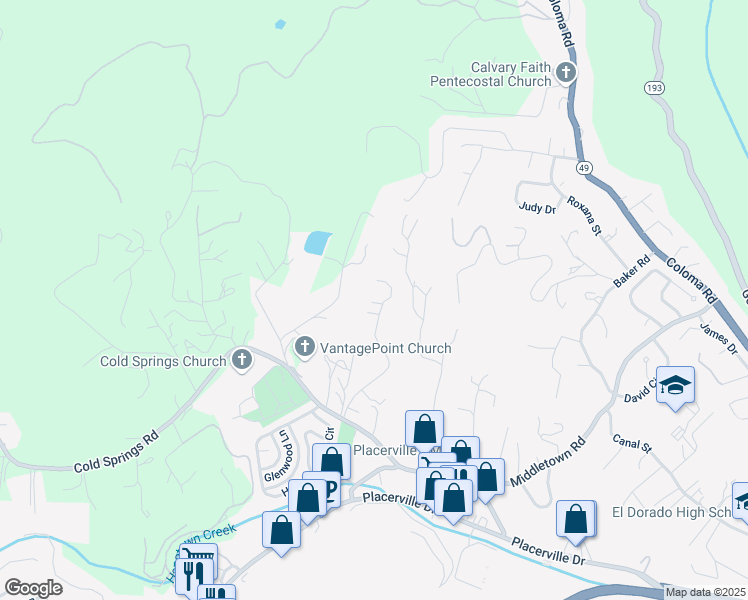 map of restaurants, bars, coffee shops, grocery stores, and more near 2644 Woodridge Court in Placerville