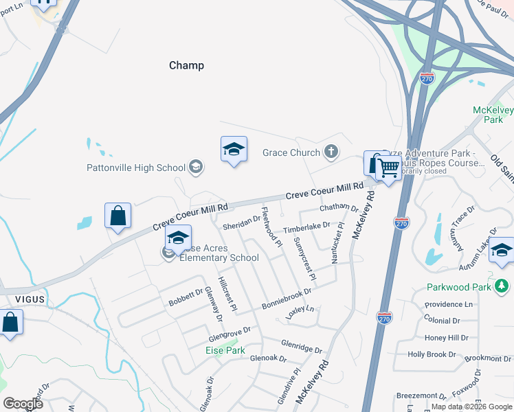 map of restaurants, bars, coffee shops, grocery stores, and more near 2590 Creve Coeur Mill Road in Maryland Heights