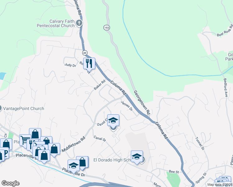 map of restaurants, bars, coffee shops, grocery stores, and more near 1015 Oak Crest Court in Placerville