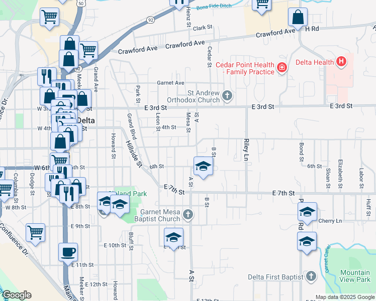 map of restaurants, bars, coffee shops, grocery stores, and more near 800 East 5th Street in Delta