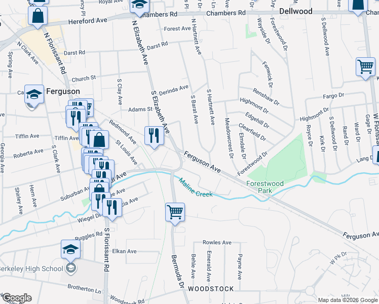 map of restaurants, bars, coffee shops, grocery stores, and more near 269 South Barat Avenue in Ferguson