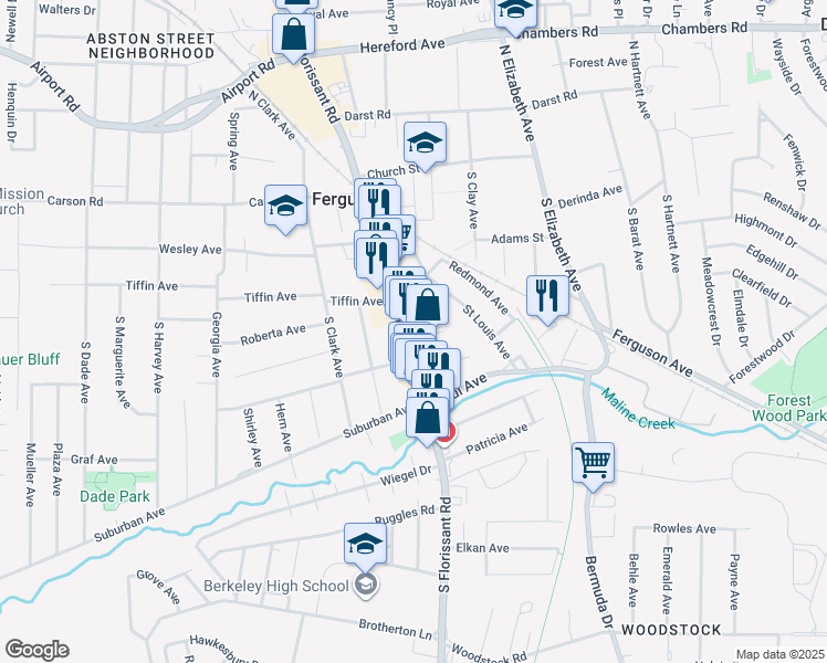 map of restaurants, bars, coffee shops, grocery stores, and more near 244 South Florissant Road in Ferguson