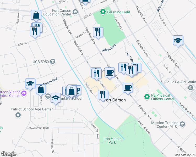 map of restaurants, bars, coffee shops, grocery stores, and more near 6001 Wetzel Avenue in Fort Carson
