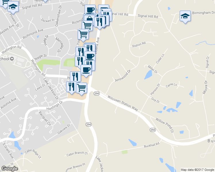 map of restaurants, bars, coffee shops, grocery stores, and more near 9916 Arrowood Drive in Manassas