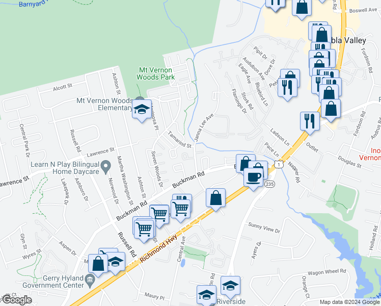 map of restaurants, bars, coffee shops, grocery stores, and more near 3978 Woodhue Place in Alexandria