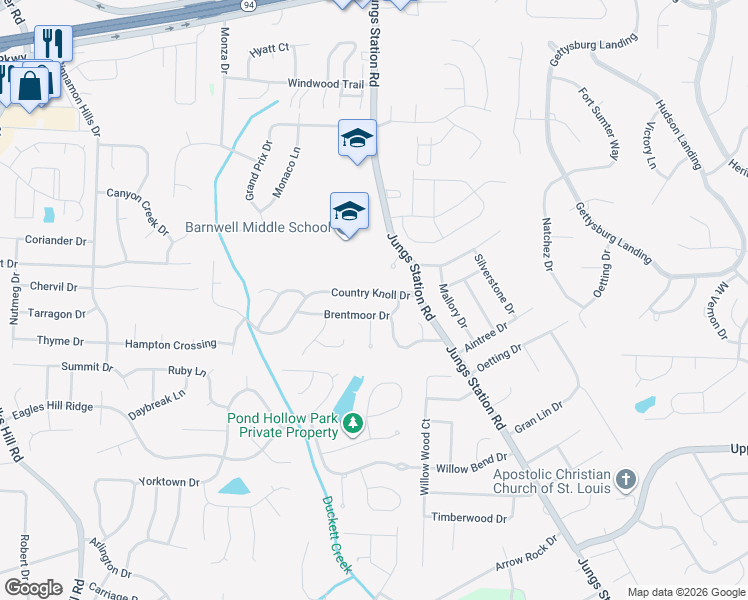 map of restaurants, bars, coffee shops, grocery stores, and more near 3021 Country Knoll Drive in Saint Charles